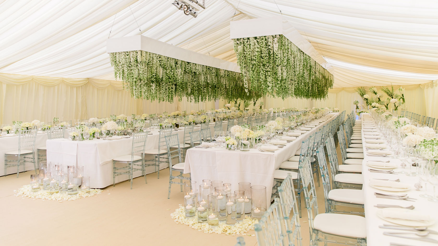 marquee wedding with 4000 hanging white delphiniums